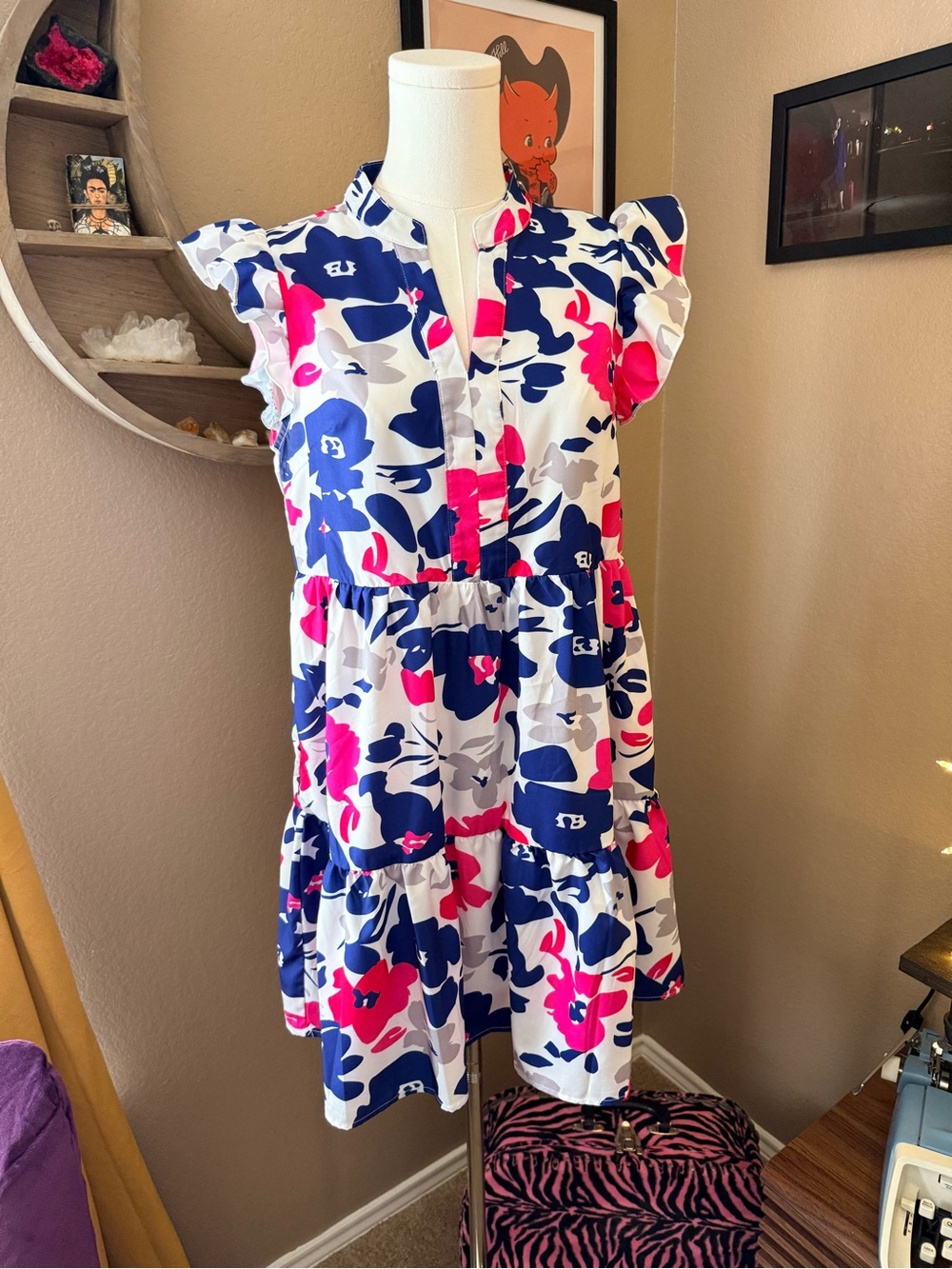 Pink & Blue Floral Tiered Dress